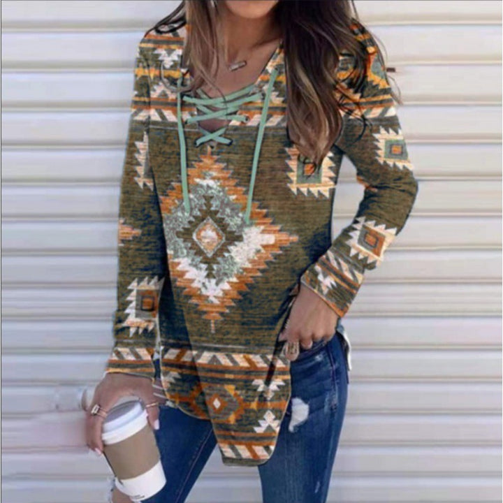 Fall V-neck Lace Ethnic Style Pullover Long Sleeve Women's Clothing-Blouses & Shirts-Zishirts