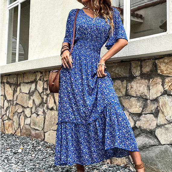 Women's V-neck Beach Lace Printing Dress-Lady Dresses-Zishirts