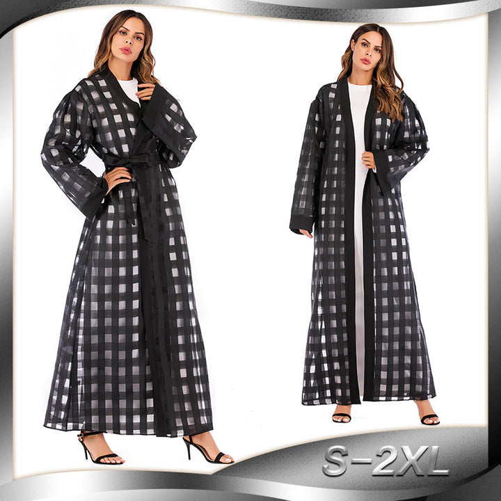 Muslim Plaid Loose Sleeved Lace Up Robe For Women-Jackets-Zishirts