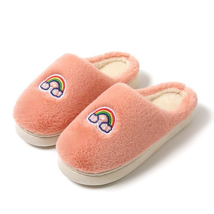 Kawaii Rainbow Embroidered Slippers Warm Slip On Plush Shoes Couple Indoor Home Slippers Winter-Womens Footwear-Zishirts