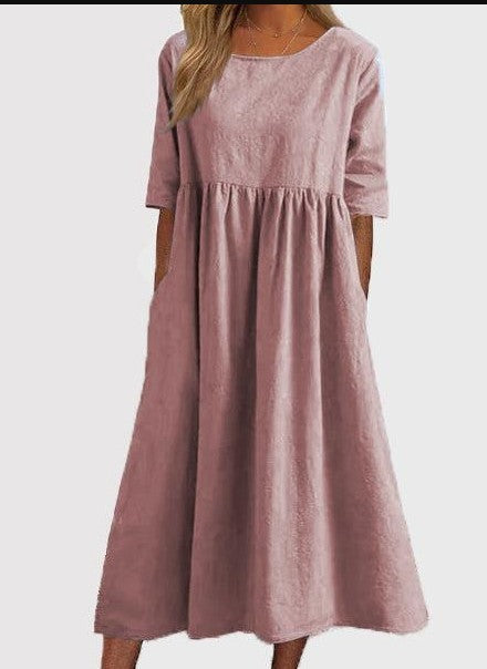 Spring And Summer New Round Neck 5-point Sleeve Plus Size Casual Loose Long Solid Color Cotton And Linen Dress-Womens 2024 March-Zishirts