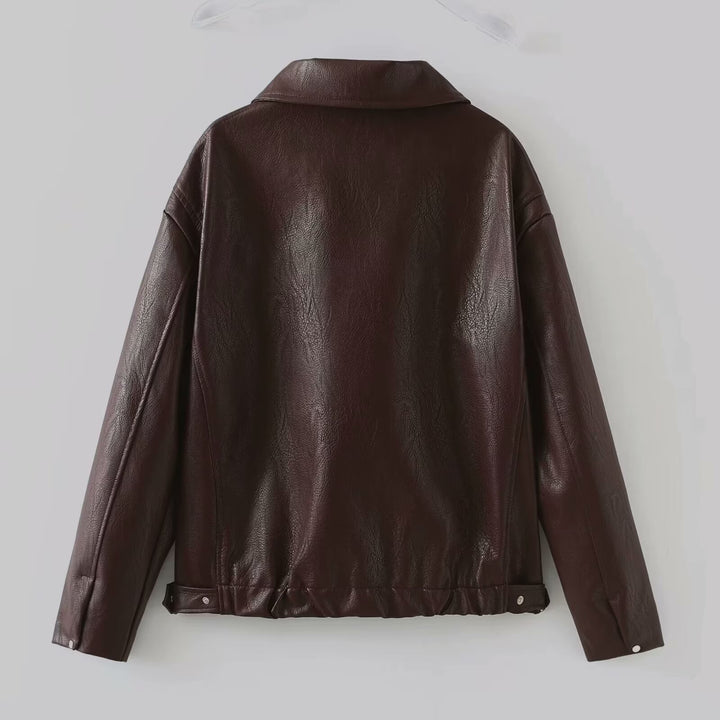 Solid Color Lapel Zipper Jacket Fashion Casual Long Sleeve Leather Coat Tops Women Clothing-Jackets-Zishirts