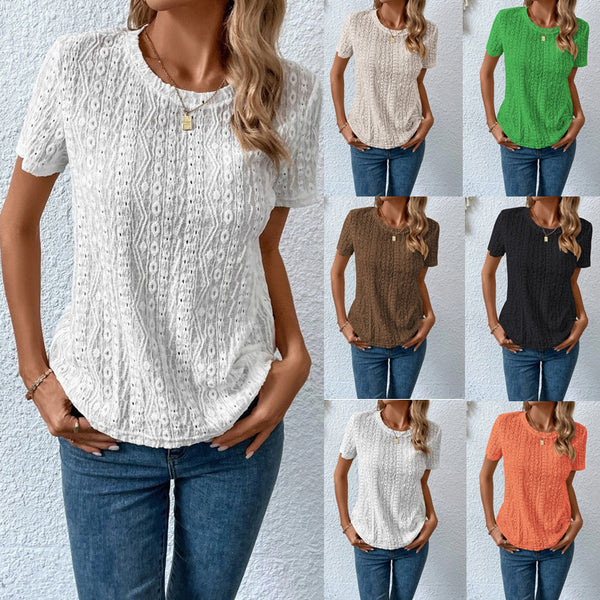 Hollowed Leisure Solid Color Round Neck T-shirt For Women-Blouses & Shirts-Zishirts