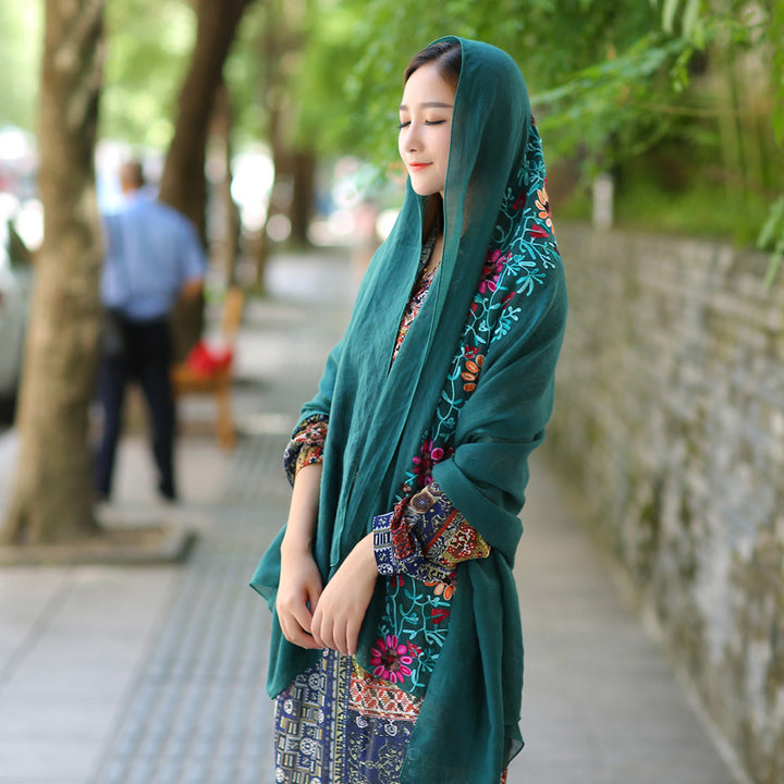 Ethnic Style Embroidered Floral Scarf Shawl Sunscreen Silk Female-Scarves & Wraps-Zishirts