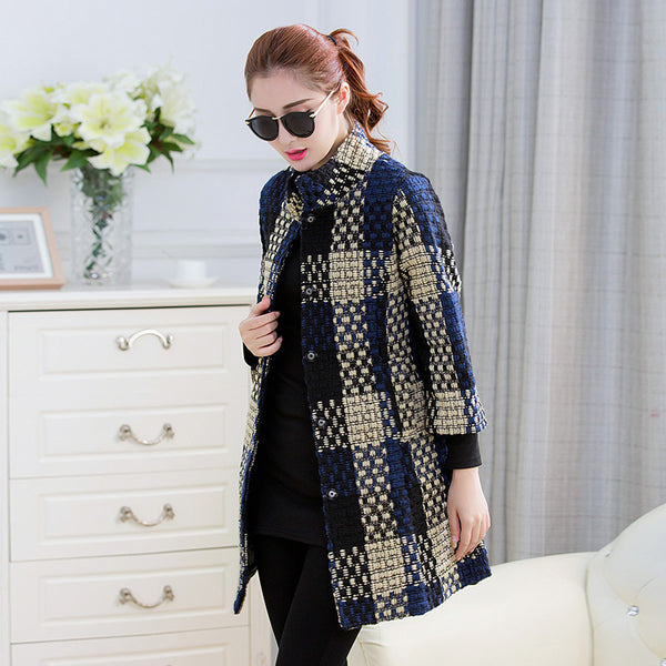 Woolen New Slim-fit Mid-length 34 Sleeve Stand Collar Thick Flower Woolen Coat-Jackets-Zishirts