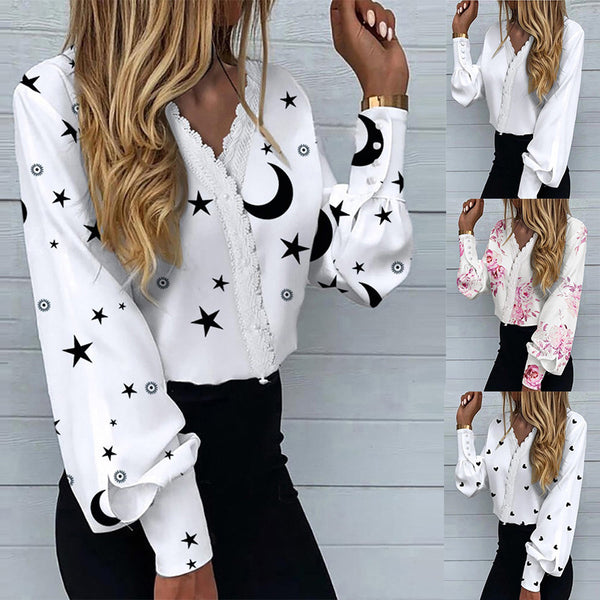 Women's Fashionable Printed Lace Casual Shirt-Blouses & Shirts-Zishirts