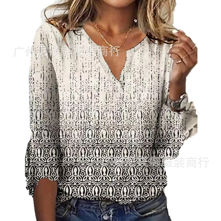 Printed V-neck Flare Sleeve T-shirt-Blouses & Shirts-Zishirts