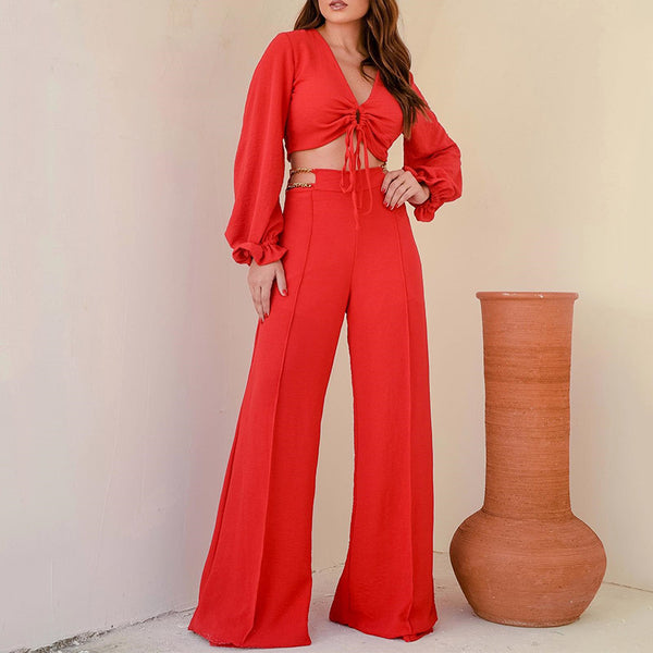 Women's Fashion V-neck Petal Sleeve Short Top Wide Leg Pants Suit-Suits & Sets-Zishirts