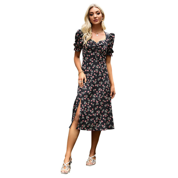 Women's Peach Collar Floral Mid-length Puff Sleeve Split Dress-Womens 2024 March-Zishirts