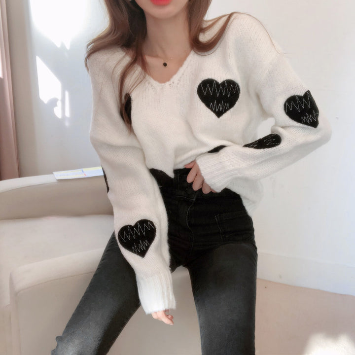 Women's V-neck Heart-shaped Embroidered Sweater Top-Womens 2024 March-Zishirts