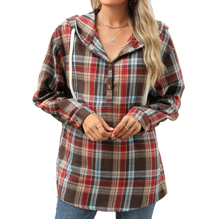 Fashion Plaid Print Hooded Sweatshirt With Button Loose Long Sleeve Hoodies Leisure Sports Top For Womens Clothing-Jackets-Zishirts