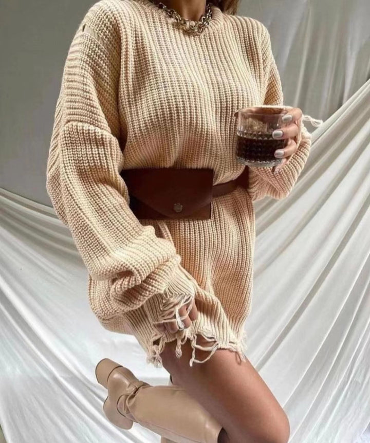 Solid Color Round Neck Long Sleeve Burrs Loose Knitted Pullover-Women's Outerwear 2023-Zishirts