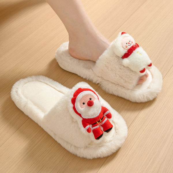 Christmas Shoes Ins Santa Claus Open-toe Cotton Slippers Winter Home Indoor Floor Plush Warm Furry Slippers Women-Womens Footwear-Zishirts