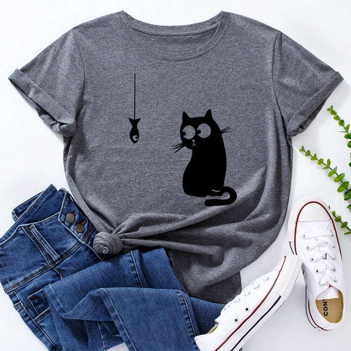 Women's Cute Cat Loose Round Neck Cotton Short Sleeve-Women's Outerwear 2023-Zishirts