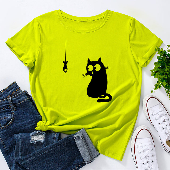 Women's Cute Cat Loose Round Neck Cotton Short Sleeve-Women's Outerwear 2023-Zishirts