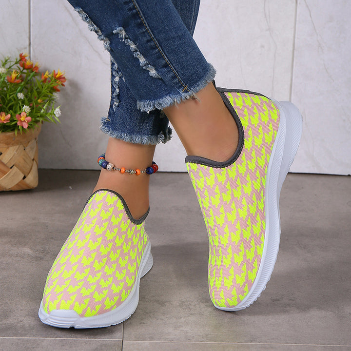 Houndstooth Print Sneakers Round Toe Mesh Flats Shoes-Womens Footwear-Zishirts