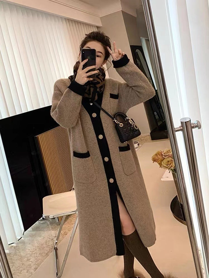 Contrast Color Large Size Long Sweater Coat Design Sense Niche Knitted Cardigan Top-Sweaters-Zishirts