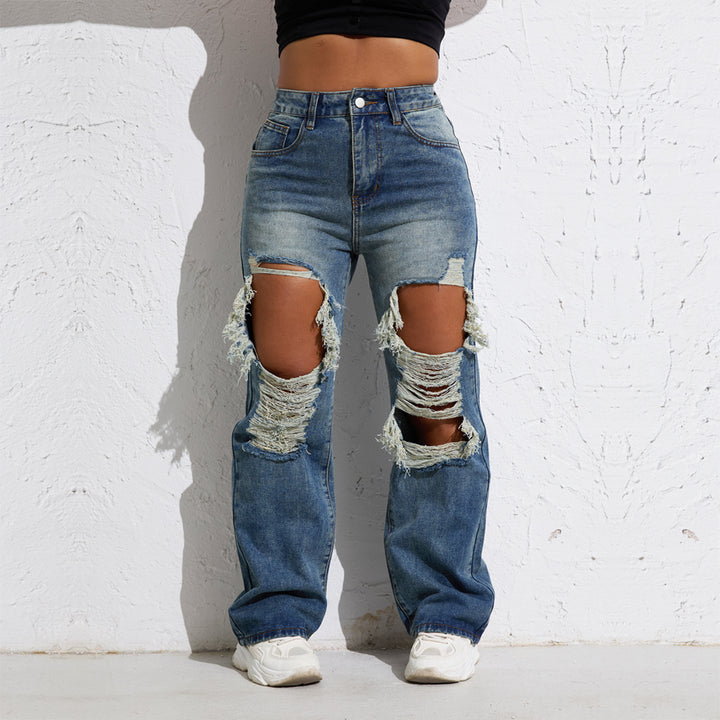 Shascullfites Melody Blue Wash Ripped Retro Stright Leg Jeans Women's Pants Denim Pants Jeans Wide Streetwear-Woman Jeans-Zishirts