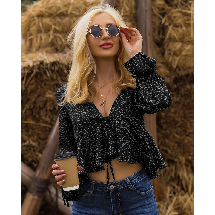 Bell Sleeve Leopard Print Lace-up Long Sleeve Exposed Navel Ruffled Irregular Top-Blouses & Shirts-Zishirts