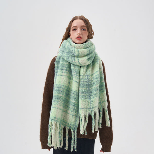 Women's White And Green Plaid Scarf-Scarves & Wraps-Zishirts