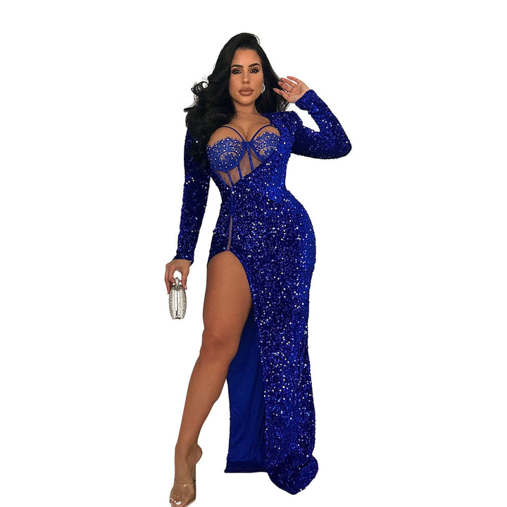 Fashion Lady Pure Color Sequins Split Maxi Dress-Womens 2024 March-Zishirts