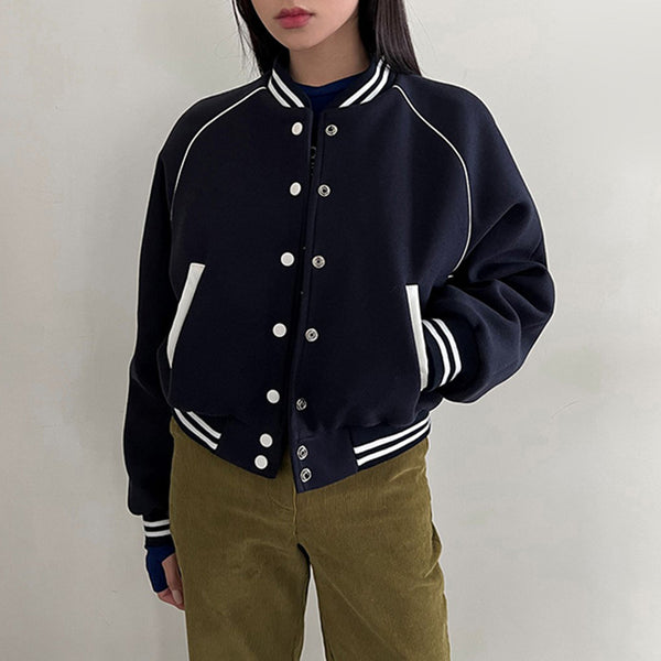 American Retro College Style Color Contrast Patchwork Stand Collar Breasted Baseball Uniform-Women's Outerwear 2023-Zishirts