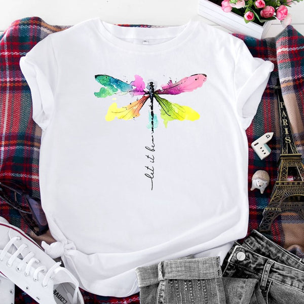 Women's Fashion Casual Dragonfly Printed Round Neck Short Sleeve T-shirt Top-Blouses & Shirts-Zishirts