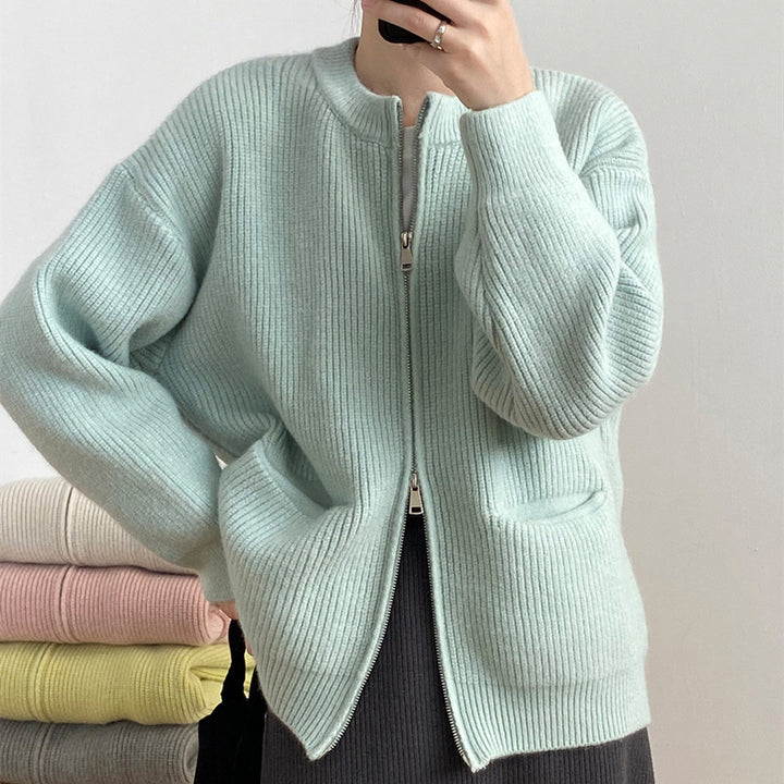 Autumn Solid Color Double Zipper Knitted Cardigan Women's Sweater-Sweaters-Zishirts