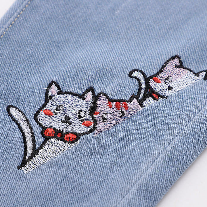 Fashion Embroidered Cat Denim Trousers For Women-Womens 2024 March-Zishirts