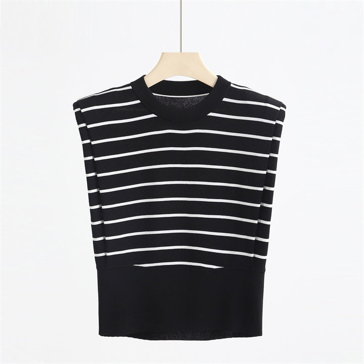 Right-angle Shoulder Sleeveless Striped Ice Silk Round Neck Vest Top Sweater-Sweaters-Zishirts