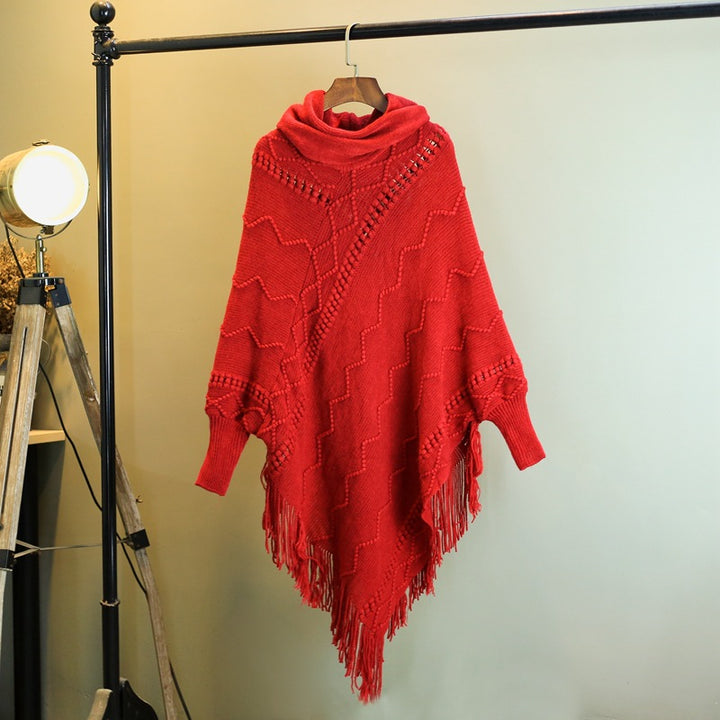 Autumn And Winter New Tassel Knitwear Shawl High Collar Warm Batwing Sleeve Pullover-Scarves & Wraps-Zishirts