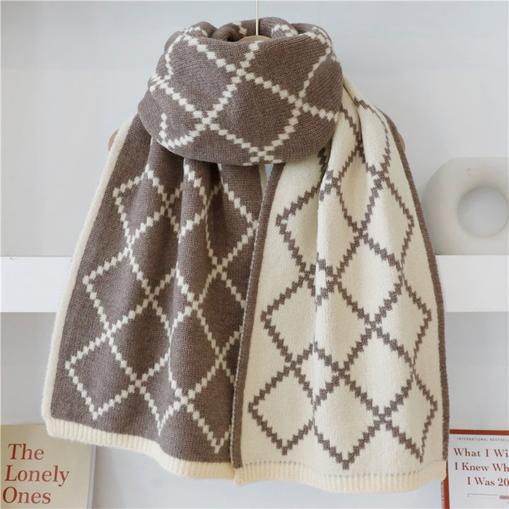 Women's Fashionable Diamond Check Reversible Faux Cashmere Scarf-Scarves & Wraps-Zishirts