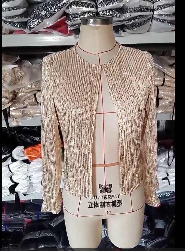 Fashion Colorblock Sequins Short Casual Jacket-Women's Outerwear 2023-Zishirts