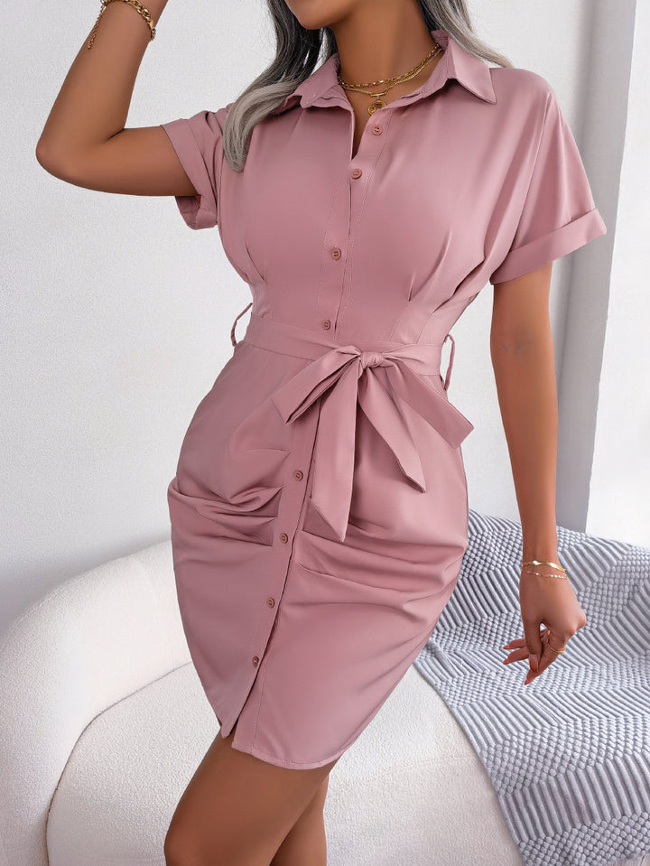 Women's Casual Solid Color Batwing Sleeve Waist-tight Folding Shirt Dress-Lady Dresses-Zishirts