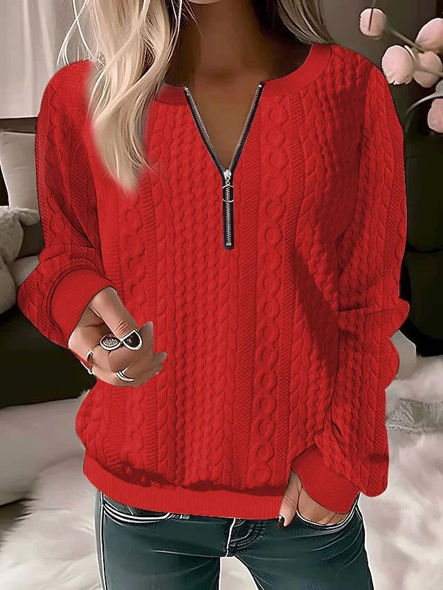 European And American Autumn And Winter New Women's Long Sleeve Solid Color And V-neck Zipper T-shirt-Blouses & Shirts-Zishirts