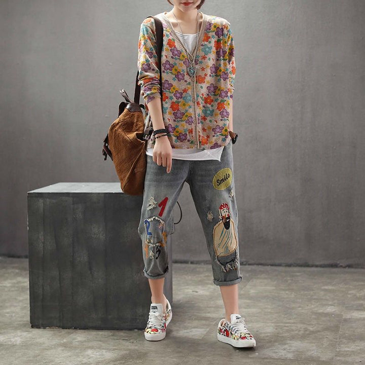 Women's Retro Art Floral Print Knitted Cardigan Sweater Coat-Sweaters-Zishirts