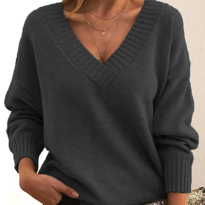 New Knitted Pullover Top For Women Loose V-neck Casual All-matching Sweater-Sweaters-Zishirts