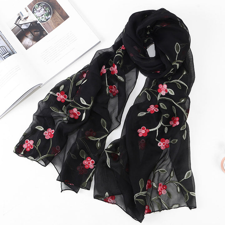 Women's Chiffon Flower Embroidered Silk Scarf Beach Shawl-Scarves & Wraps-Zishirts