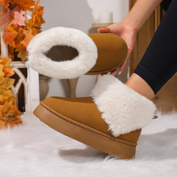 Winter Plush Snow Boots Fashion Round Toe Flat Thickened Suede Cotton Shoes For Women Casual Warm Short Boot-Womens Footwear-Zishirts