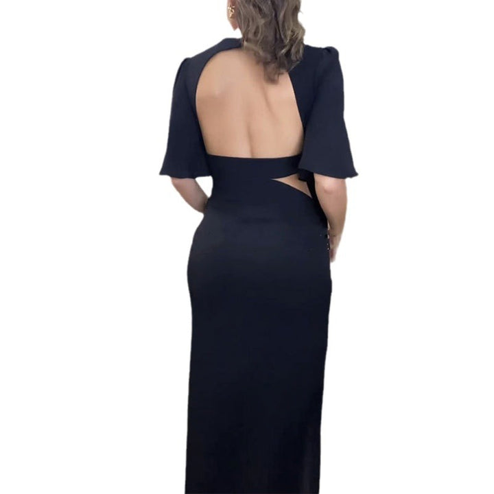 Women's Round Neck Backless Waist Trimming Dress-Women's Outerwear 2023-Zishirts