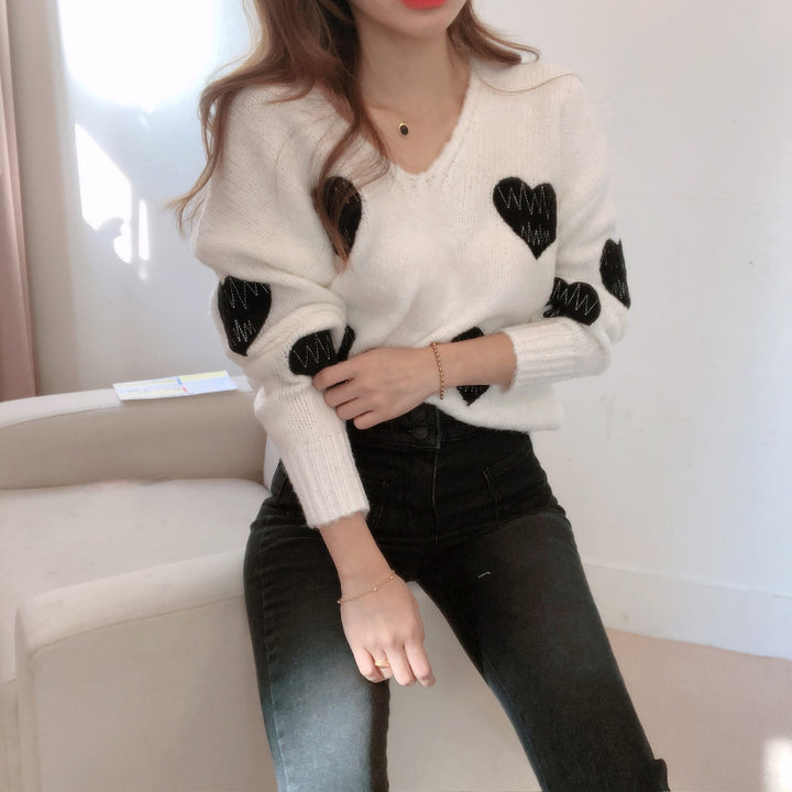 Women's V-neck Heart-shaped Embroidered Sweater Top-Womens 2024 March-Zishirts