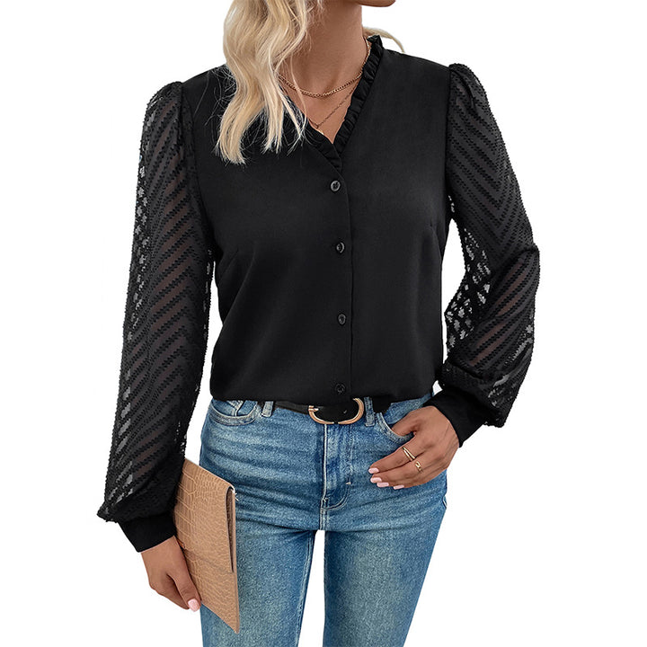 Women's Shirt Lace Stitching Long Sleeve Hot French Style V-neck Buckle Top-Women's Outerwear 2023-Zishirts