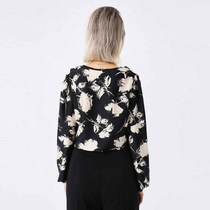 Elegant Ladies Print Front Drop Collar Blouse-Blouses & Shirts-Zishirts