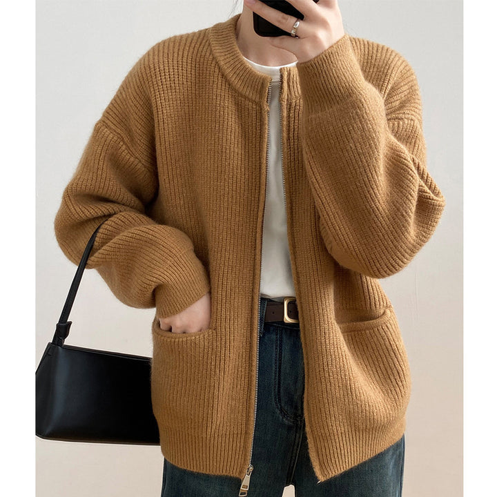 Autumn Solid Color Double Zipper Knitted Cardigan Women's Sweater-Sweaters-Zishirts