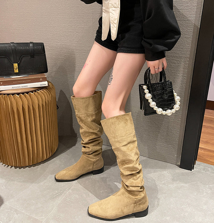 Female Vintage Suede Chunky Heel Square Toe Knight Boots-Womens Footwear-Zishirts