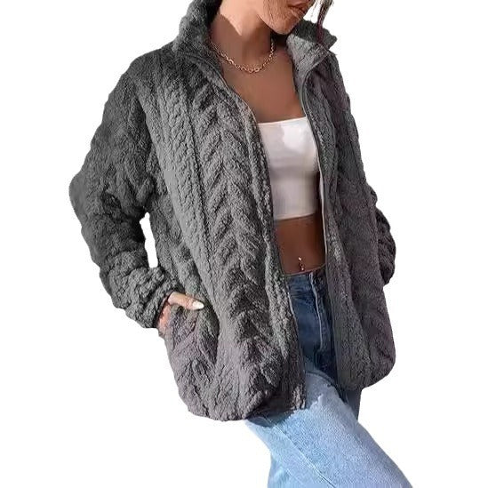 Solid Color Casual Zipper Cardigan Stand Collar Polar Fleece Jacket-Jackets-Zishirts