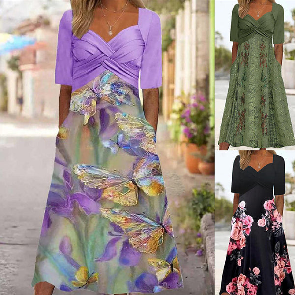 Women's Fashionable Elegant Butterfly Print Midi Dress-Lady Dresses-Zishirts