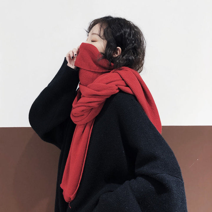 Pure Color Knitted Wool Net Red Scarf Women Autumn And Winter Thicken Warm-Scarves & Wraps-Zishirts