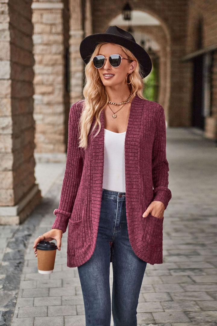 Solid Color Rib Fabric Sanding Casual Patchwork Long Sleeve Cardigan Jacket-Jackets-Zishirts