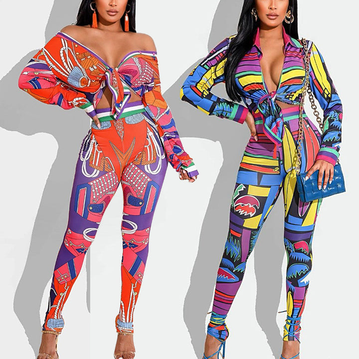 Women's Printed Long-sleeved Shirt Body-hugging Suit-Suits & Sets-Zishirts